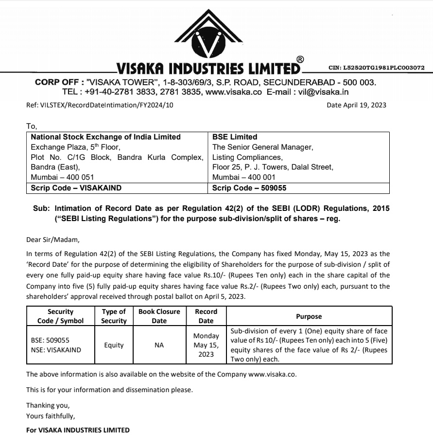 MarketVedantA's tweet image. Visaka Industries Ltd fixes May 15, 2023 as record date for stock split

#VisakaIndustries  #RecordDate #StockSplit #SubDivision