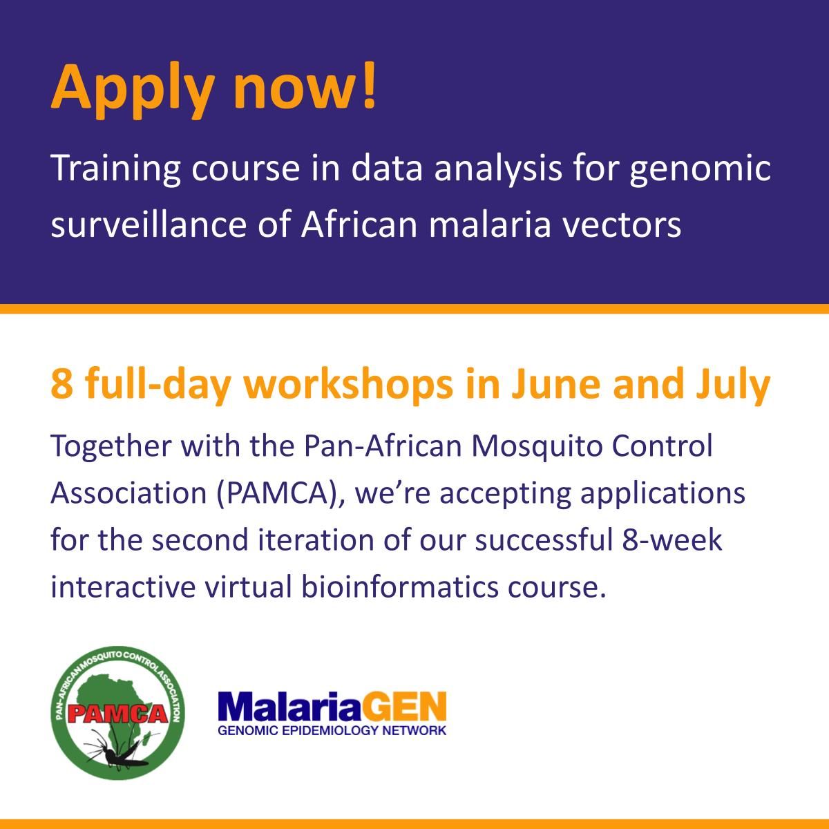 We are pleased to announce that an online training course in data analysis for genomic surveillance of African malaria vectors delivered jointly by the <a href="/malariagenomics/">MalariaGEN</a>  &amp; <a href="/pamcafrica/">PAMCA, Africa</a> is now open for application. 
Read more and apply here: pamca.org/en/resources/n…