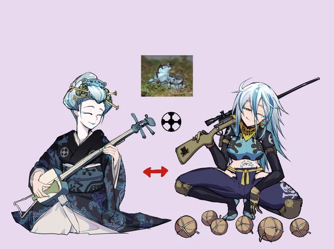 蝦蟇忍:ジュウジメドクアマガエル(英語圏:ミルキーフロッグ)ミルキさん普段は芸妓(げいこ)に変装してます(蛙だけに) 
