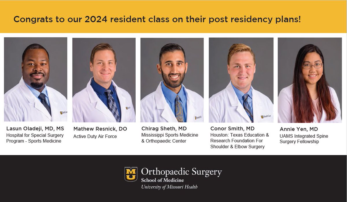 MizzouOrthoRes's tweet photo. Congratulations to our PGY4s who matched yesterday. We’re proud and excited for your accomplishments!
@HSpecialSurgery @MSMOCFellowship @TERFSES @UAMSOrtho #mizzou #orthopedics #residency #match #fellowship https://t.co/Qo8bqPFYRl