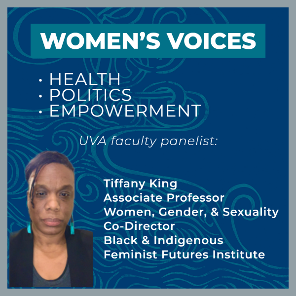 UVALifetimeLearning (@uva_lifetimelrn) on Twitter photo Tiffany King teaches feminist theories & methods, Black & Indigenous feminisms, Black gender & sexuality, & transnational feminisms. Join panelists May 2 for a free virtual talk titled Women’s Voices. l8r.it/JfNg
<a href="/UVaWomensCenter/">UVA Women's Center</a> <a href="/WGS/">William</a>.UVA <a href="/biffinstitute/">Black & Indigenous Feminist Futures Institute</a> <a href="/UVADiversity/">UVA Diversity</a> Tiffany King teaches feminist theories & methods, Black & Indigenous feminisms, Black gender & sexuality, & transnational feminisms. Join panelists May 2 for a free virtual talk titled Women’s Voices. l8r.it/JfNg
<a href="/UVaWomensCenter/">UVA Women's Center</a> <a href="/WGS/">William</a>.UVA <a href="/biffinstitute/">Black & Indigenous Feminist Futures Institute</a> <a href="/UVADiversity/">UVA Diversity</a>