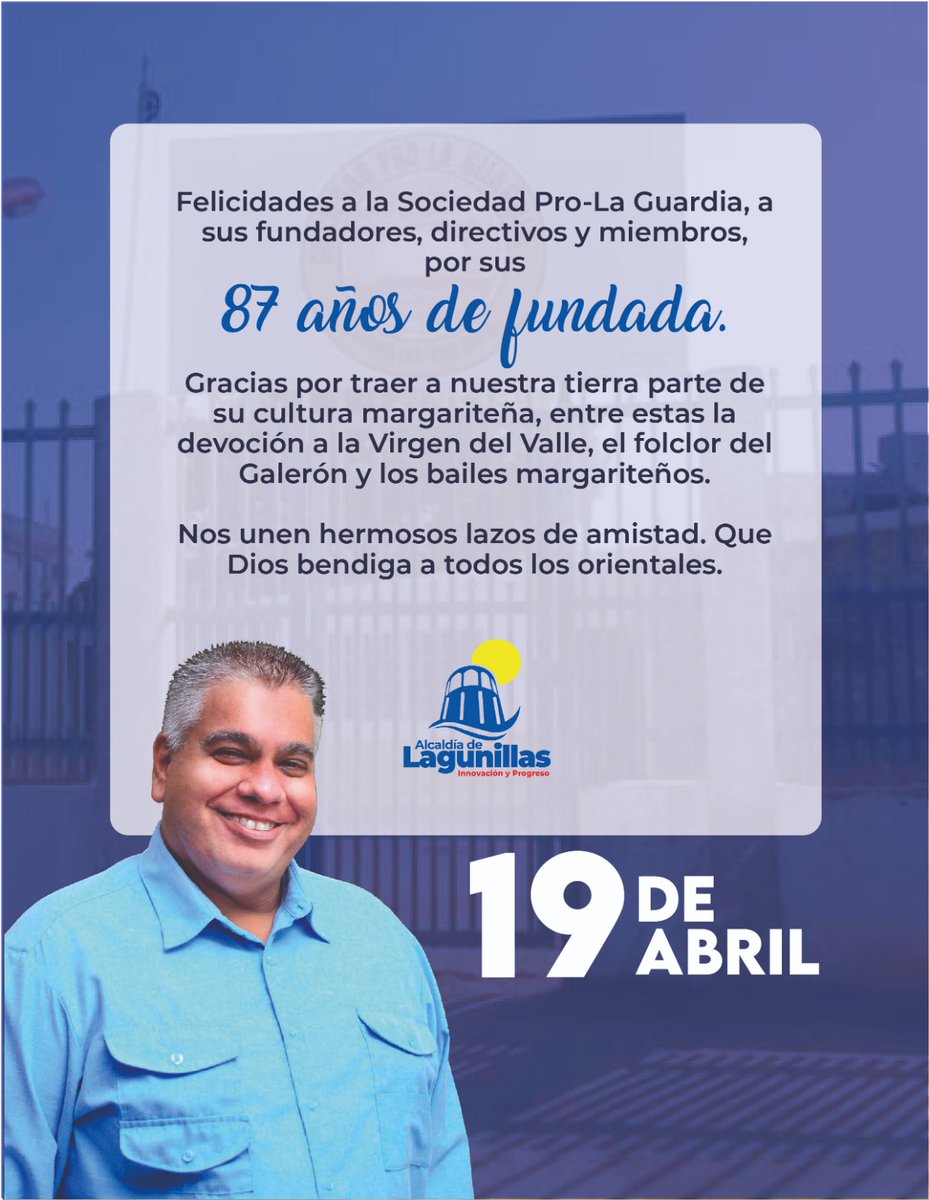 Muchas felicidades a la Sociedad Pro-La Guardia por arribar a sus 87 años de fundación.

¡Que sean muchos más!

#Lagunillas