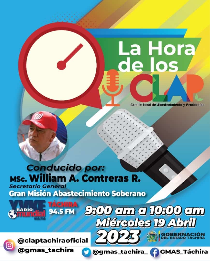 clap_divino's tweet image. #19Abril Te invitamos a sintonizar #LaHoraDeLosClap conducido por el Secretario Gral de #GMAS MSc.William Contreras a través de @YvkeTachira
No te lo pierdas!

@NicolasMaduro @LealTelleria @MinAlimenVen @FreddyBernal @Silfredo_SC @carlosperez_ch @GMAStachira 
#SoyComunicadorClap