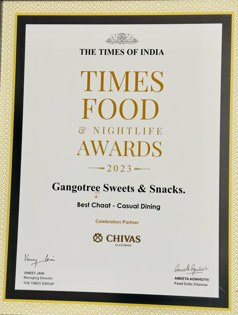 We are excited to share with you the certificate that Gangotree has been honored with for 'Best Chaat - Casual Dining' by TIMES FOOD & NIGHTLIFE AWARDS, and we owe this achievement to you all.

#gangotree #gangotreesweets #awards2023 #timesfoodawards #timesfoodawards2023