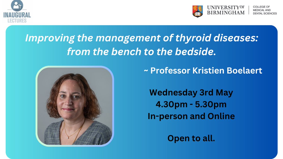 College of Medicine and Health (UoB) (@unibirm_cmh) on Twitter photo Thyroid dysfunction affects up to 10% of the population. Prof Kristien Boelaert's work has made major contributions to the understanding and treatment of thyroid cancer.
Hear more about her career journey on 3rd May. birmingham.ac.uk/university/col⦠<a href="/kboelaert1/">Kristien Boelaert</a> <a href="/unibirmingham/">Uni of Birmingham</a> @UoB_IAHR Thyroid dysfunction affects up to 10% of the population. Prof Kristien Boelaert's work has made major contributions to the understanding and treatment of thyroid cancer.
Hear more about her career journey on 3rd May. birmingham.ac.uk/university/col⦠<a href="/kboelaert1/">Kristien Boelaert</a> <a href="/unibirmingham/">Uni of Birmingham</a> @UoB_IAHR