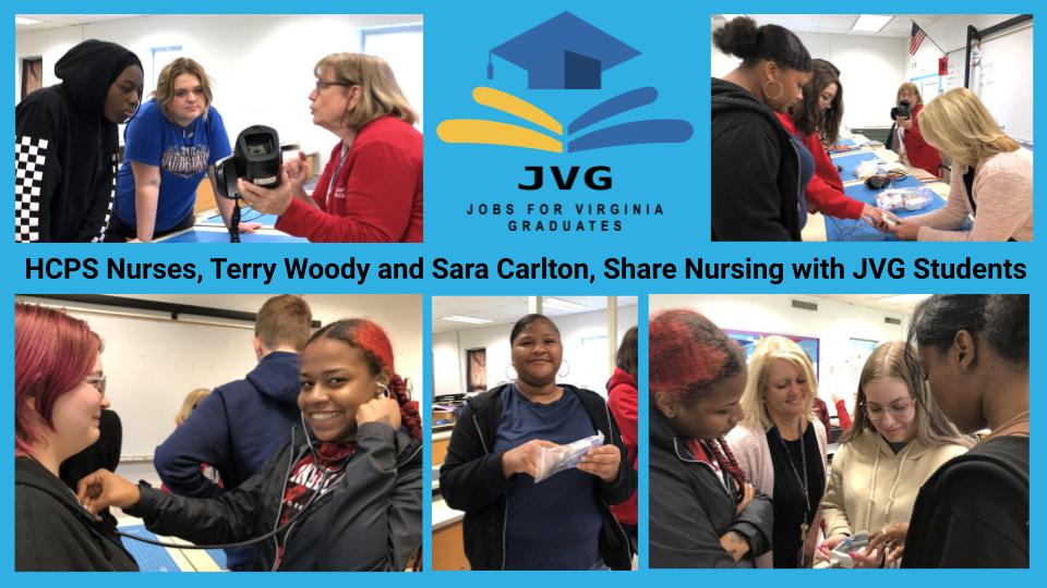 JVG Students learned about the nursing field from HCPS Nurses Terry Woody and Sara Carlton. Students enjoyed getting to test out the equipment and learn from experts! @JVGSuccess