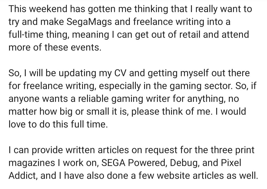 marc_jowett's tweet photo. It's time to take SegaMags out on the road more and up my freelance work.

Please read below and think of me. 😃

#Freelancer #debug #segapowered #pixeladdict #segamags #work https://t.co/ZQAHIluPuN