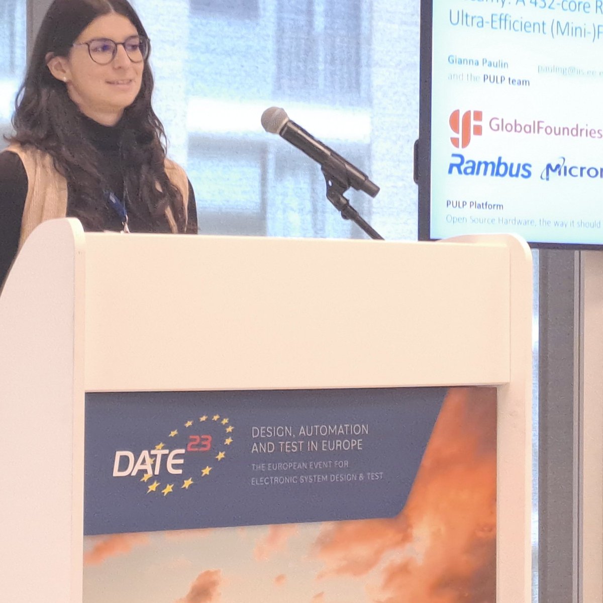 pulp_platform's tweet photo. Our @GiannaPaulin is presenting Occamy at #DATE2023 and Bianca The Bear is paying attention. Occamy is our super ambitious project. The compute die contains 216 RISC-V cores and includes an HBM controller. https://t.co/mdsCEhAD8y https://t.co/CMvJu69KaX