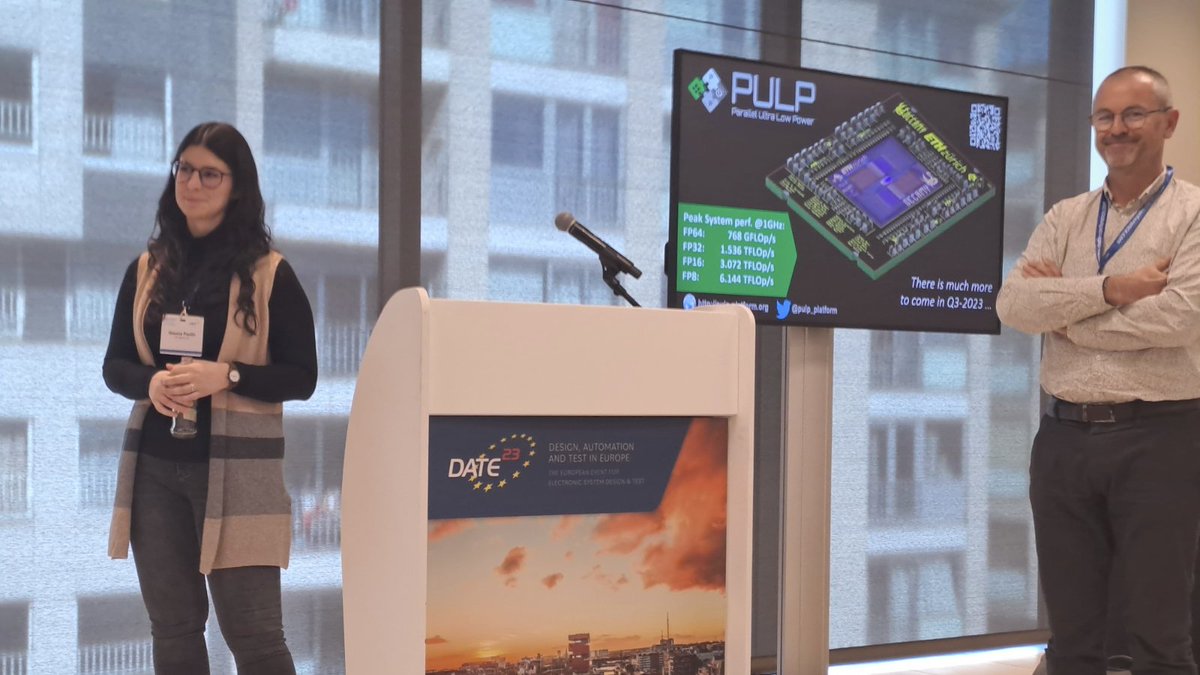pulp_platform's tweet photo. Our @GiannaPaulin is presenting Occamy at #DATE2023 and Bianca The Bear is paying attention. Occamy is our super ambitious project. The compute die contains 216 RISC-V cores and includes an HBM controller. https://t.co/mdsCEhAD8y https://t.co/CMvJu69KaX