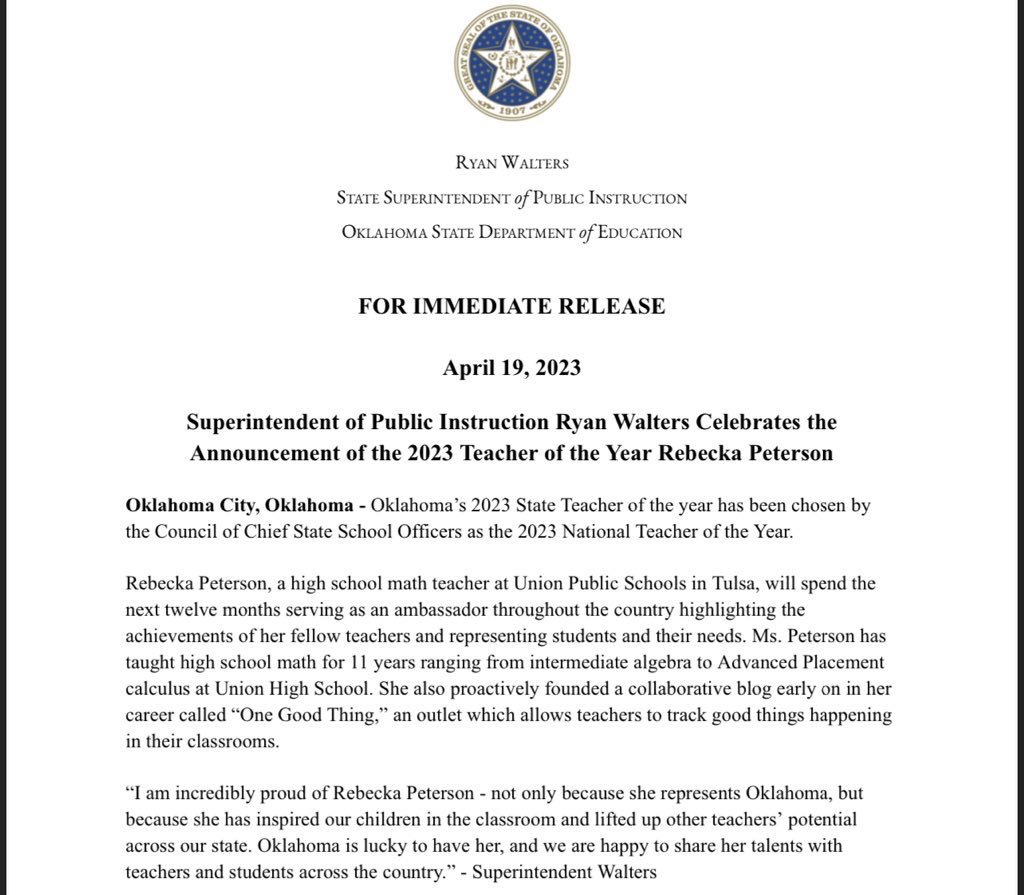 Reese Gorman on Twitter "Some OklaEd news Oklahoma’s Teacher of the