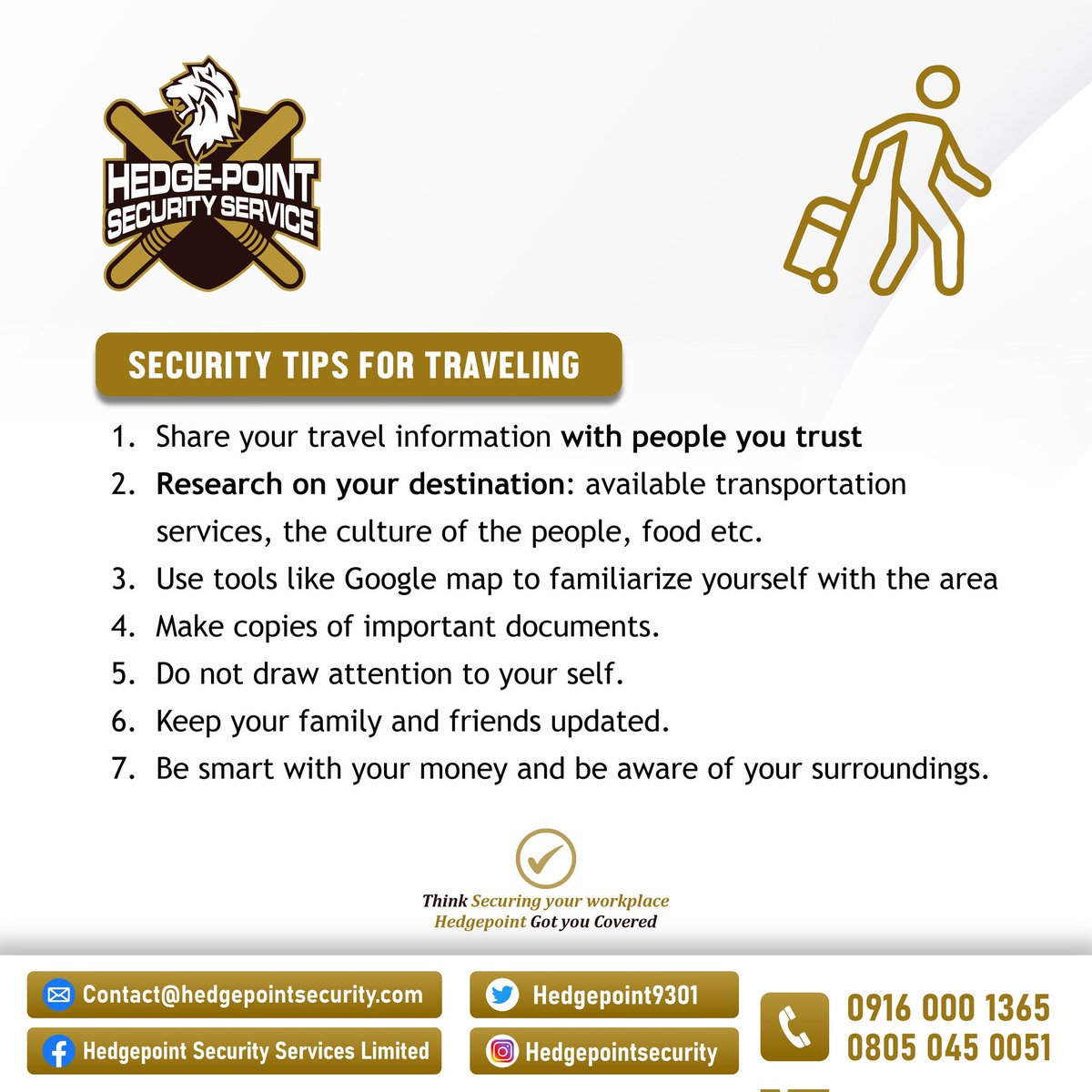 HedgepointSS's tweet photo. Kindly go through some security tips to consider while embarking on a trip.

Hedgepoint Security Services Limited cares about you.

Think Security,  Think Hedgepoint.

#SecurityGuard #Security #SafetyFirst #safety #Feelsafe #Feelsecure #Safetyforall https://t.co/JLpkDDjIcZ