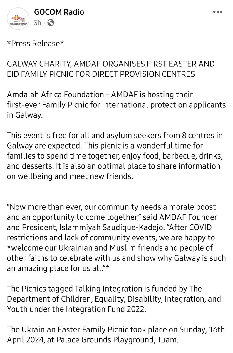 GocomRadio's tweet photo. *Press Release*
GALWAY CHARITY, @AmdafIreland ORGANISES FIRST EASTER &amp; EID FAMILY PICNIC FOR DIRECT PROVISION CENTRES 

AMDAF's first Family Picnic for international protection applicants in Galway is free&amp;open to all faiths. Asylum seekers from 8 centres attending.
23 April, 1pm https://t.co/jQYlkpIIOq