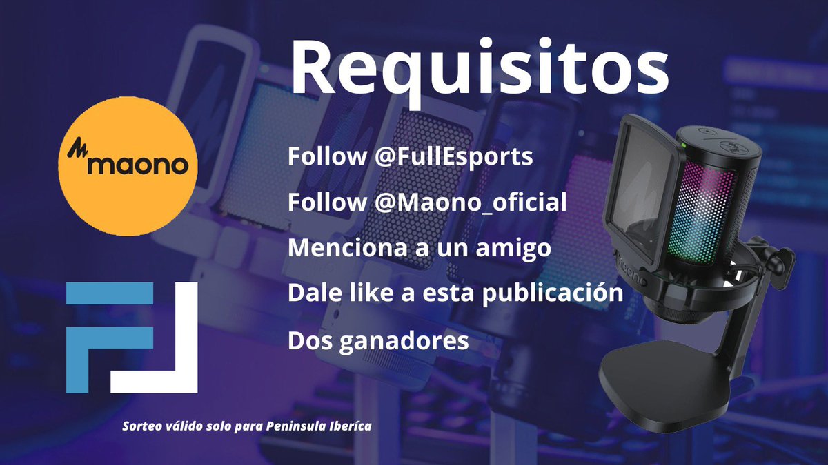 Lanzamos de la mano de <a href="/Maono_Global/">Maono</a> un SORTEAZO. Dos micrófonos Maono DM20 para dar un salto en vuestra calidad de sonido.

REQUISITOS:
🏄‍♀️Seguir a <a href="/FullEsports/">Full Esports</a> 
🏄‍♂️Seguir a <a href="/Maono_Global/">Maono</a> 
🗣️Mencionar a un amigo
❤️Darle like a este tweet

(Sorteo válido únicamente para la