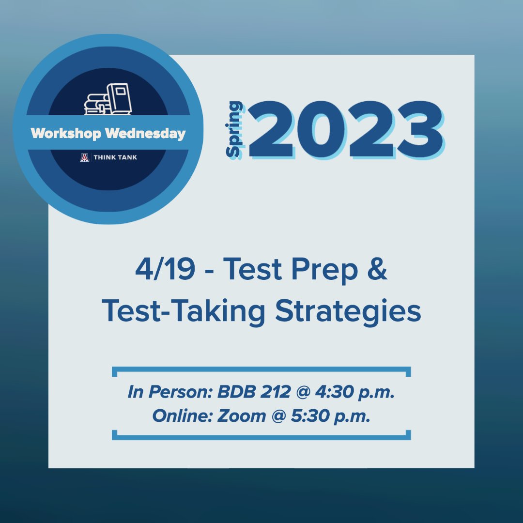 uazthinktank's tweet photo. Does your student find themself rereading their notes or not remembering the material they studied? Today's Workshop Wednesday topics will consist of strategies to help students study more efficiently.

Link to workshop Zoom link: https://t.co/PKasDlMVeZ
#uarizona #uofa #uaz https://t.co/40EGlsoJac
