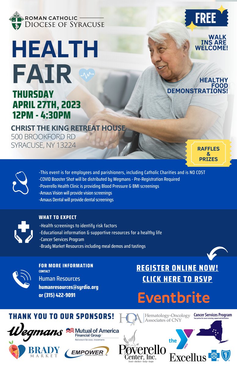 SyrDiocese's tweet photo. The Roman Catholic Diocese of Syracuse holds its first-ever Health Fair on Thursday, April 27 at Christ the King Retreat House. Contact humanresources@syrdio.org or (315) 422-9091. https://t.co/MdOoAxDTGC