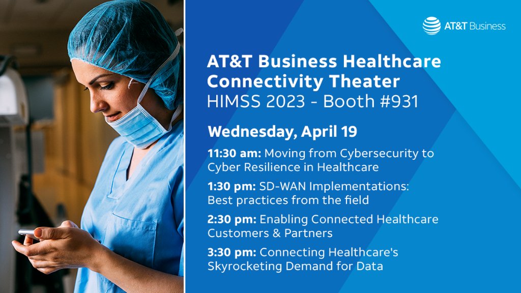 ATTBusiness's tweet photo. We're gearing up for another exciting day of in-booth presentations at #HIMSS23. Stop by stand #931, Hall A, South Building for cybersecurity, SD-WAN implementation and more.

https://t.co/lz7YpT7NHI

#ATThealthcare #Healthcare #DigitalHealth https://t.co/dpa6ybHs2F