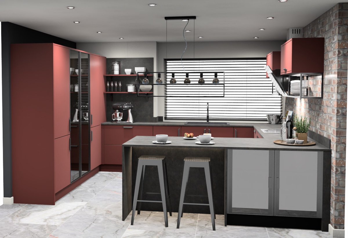 Another completed design and happy customer this morning, using one of our new colours, Carmine Red with a black glazed pantry. <a href="/UltimateKBB/">Ultimate Kitchens & Bedrooms</a> 
#kitchendesign #redandblack #openplanliving #interiordesign