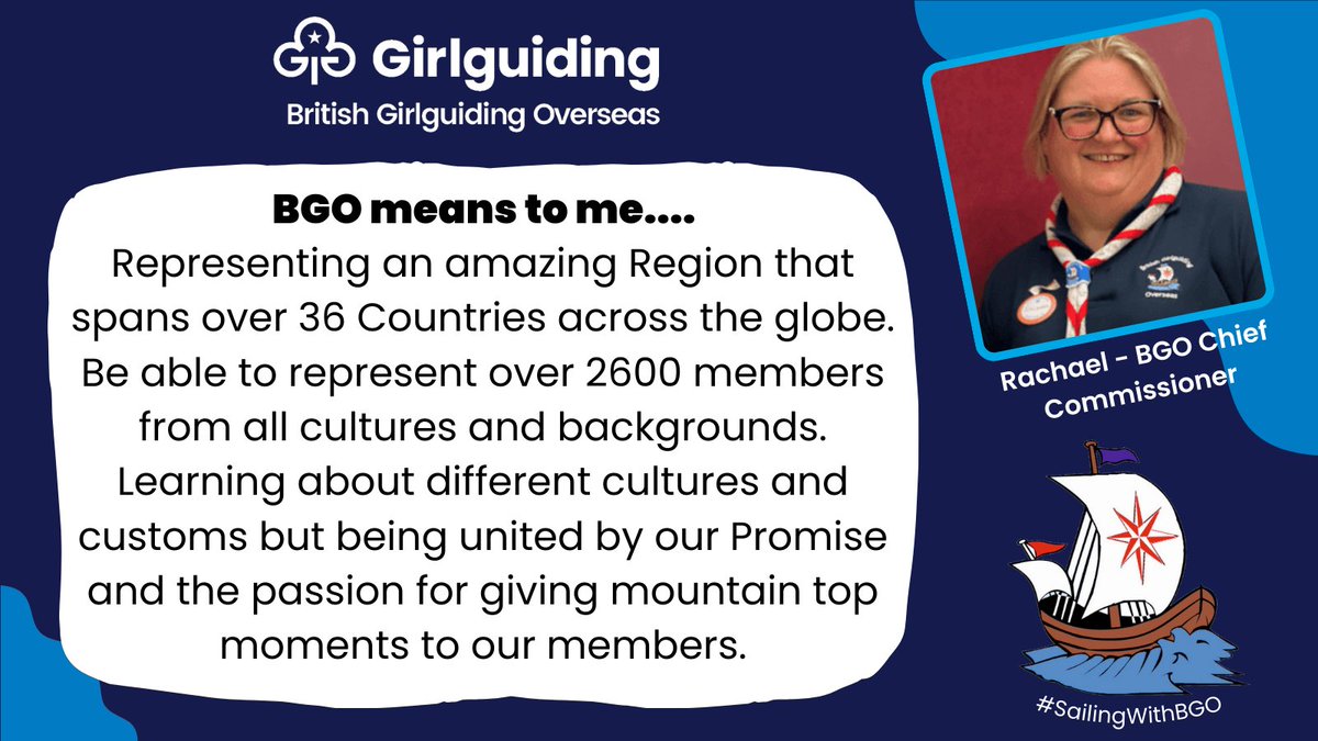 girlguidingbgo's tweet photo. What BGO means to Rachael the BGO Chief Commissioner

🌏Representing an amazing Region that spans over 36 Countries across the globe.
🌍Be able to represent over 2600 members from all cultures and backgrounds.

#SailingwithBGO 1/3🧵 https://t.co/QEL9nU0Q67