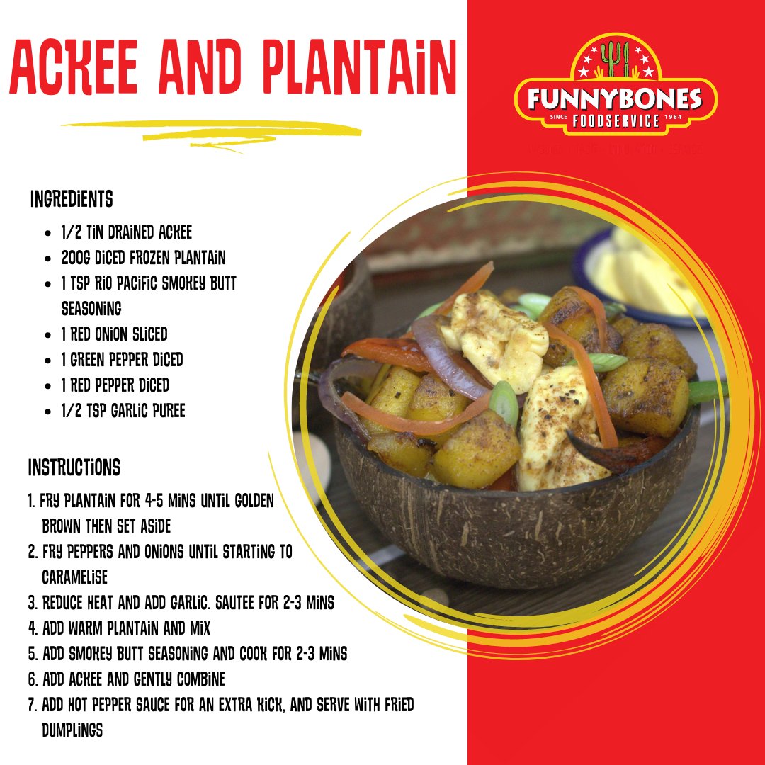 Funnybonesinfo's tweet image. National Vegetarian Week is coming up in May, which is a great opportunity for venues to spotlight their veggie-friendly meals 🌱 Get inspired with our delicious plantain and ackee recipe 😋 #plantain #ackee #recipe #menuinspiration #veggieweek #vegeterianweek