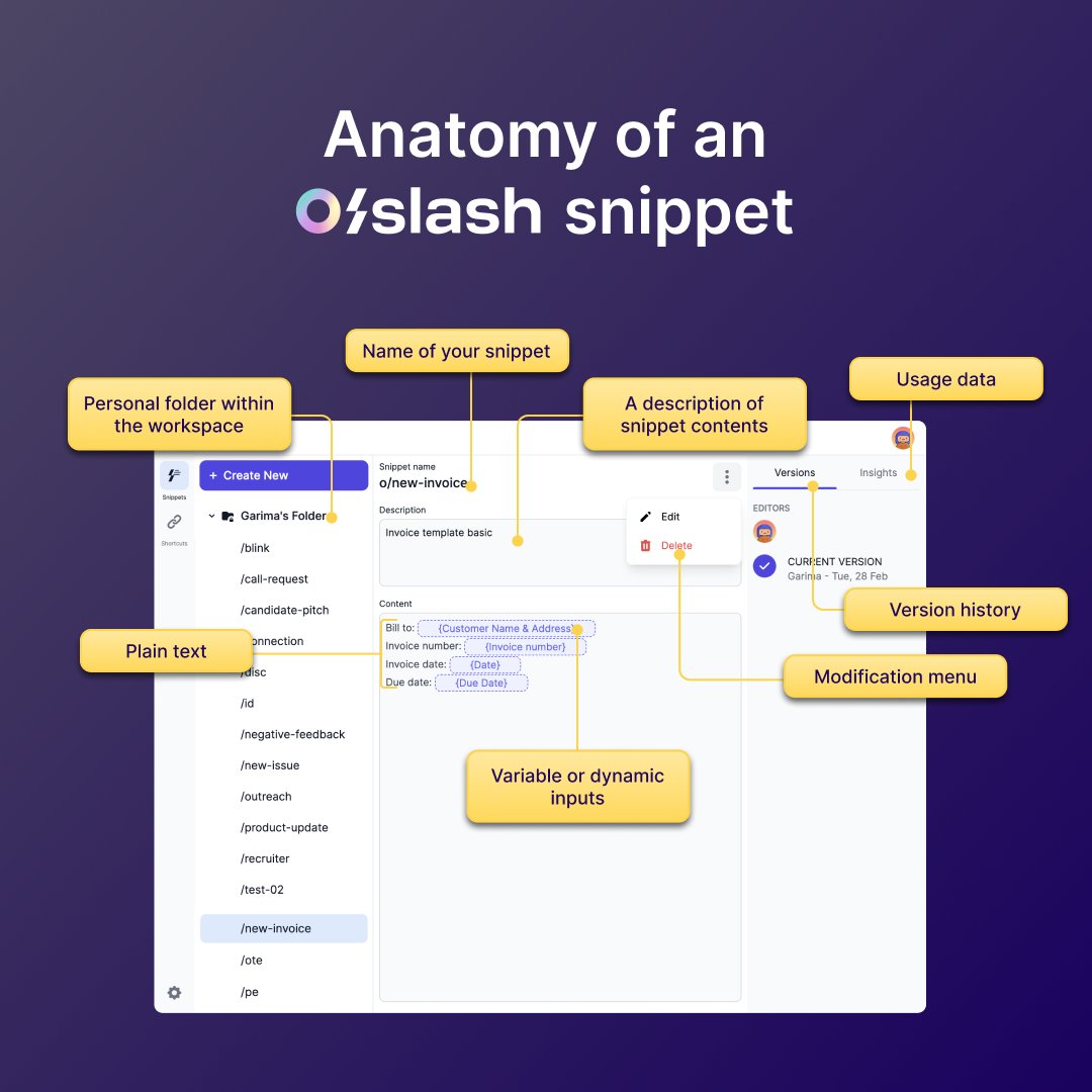 ✨ Update alert ✨

Your OSlash snippets dashboard has a brand new look and it comes with ＊gasp＊ 

🗂Snippet folders 
✍🏻 Snippet descriptions
🔎 Version history
👀 Real-time editing &amp; previews

Don't believe it? Check out your workspace! 😎
