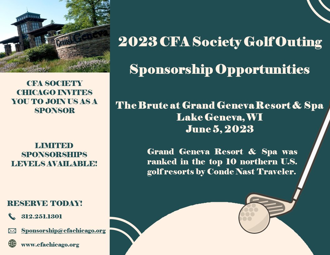 Sponsorships for the CFA Society Chicago 2023 Golf Outing are available now!

Please click the link to learn more about our sponsorship packages. ow.ly/YI1P50NM73U