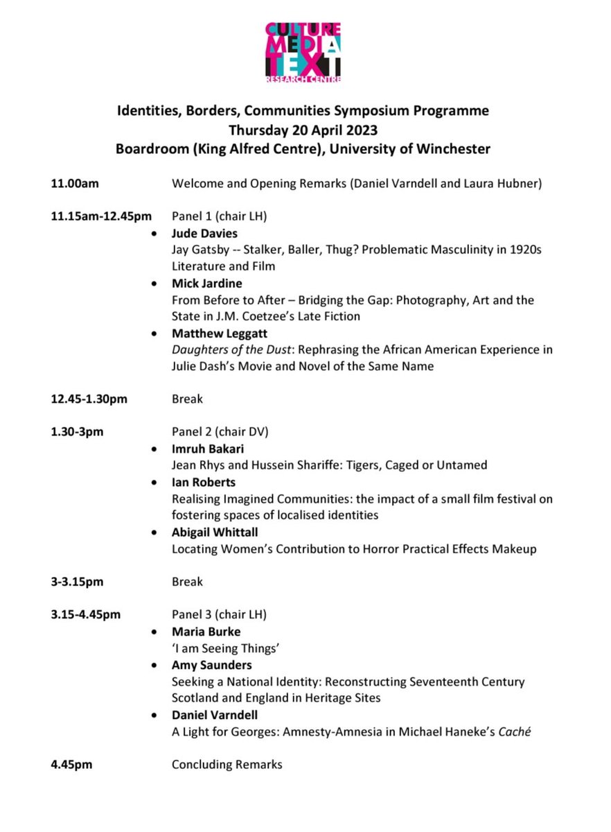Want to hear your lecturers having a go at presenting? Here's the lineup of papers for tomorrow's Culture, Media, Text symposium on Borders and Identities tomorrow in the boardroom at Uni of Winchester. We have three presenters from Eng Lit, among others! Come join us.