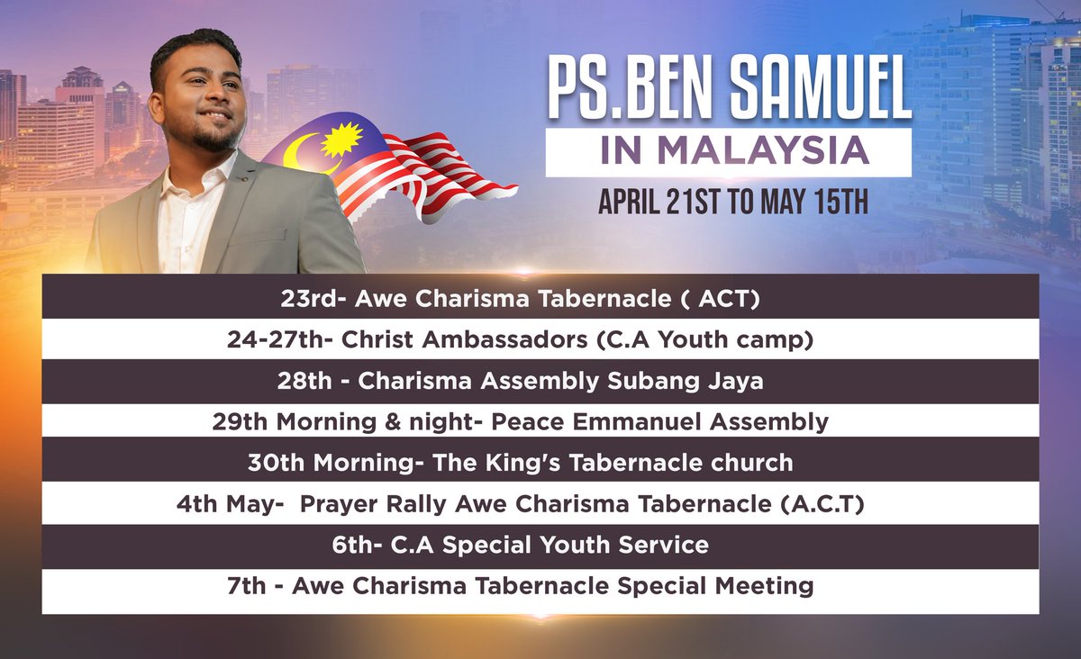 bensamuel95's tweet photo. Dear friends and families in Malaysia 
We are coming to bless you in the name of Jesus 
Do join us if you’re around these places https://t.co/ftlynNT9Z5