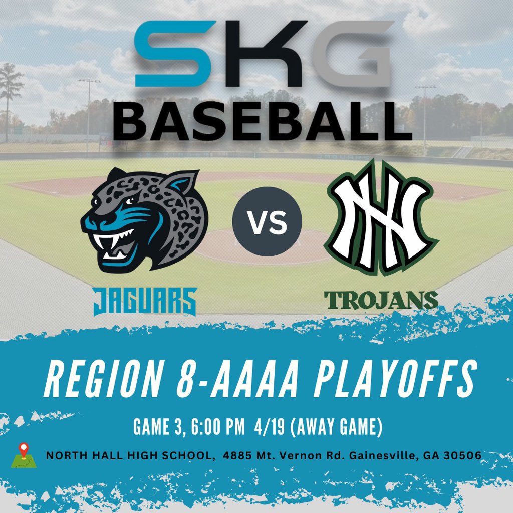 🐆 ⚾️ GAME DAY⚾️ 🐆
🆚 @trojansbaseball_
📅 04/19
📍 NORTH HALL HIGH SCHOOL 
⏰ 6:00 PM 
🎟️ Pay at the Gate / Cash 
📱 Seckinger Varsity Jaguars
REGION 8-AAAA PLAYOFFS / GM 3
#SKGDUDES #bleedblue