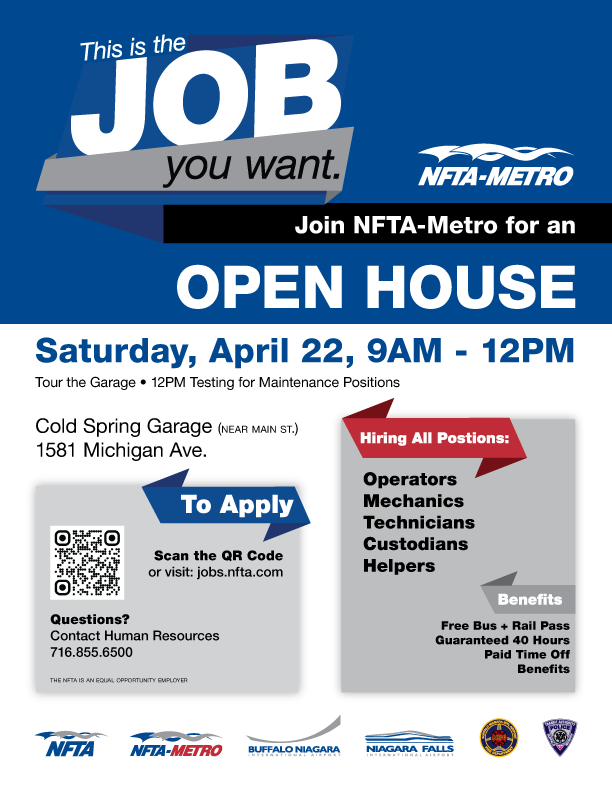 NFTAMetro's tweet photo. 🎉YOU'RE INVITED 🎉
WHO: Niagara Frontier Transportation Authority &amp; You 
WHAT: Open House
WHEN: Saturday, April 22, 9AM-12PM 
WHERE: Cold Spring Garage (1581 Michigan Ave. Buffalo, NY) 
WHY: Find a job that's the perfect fit for you! https://t.co/usCvgjQSp6 
#CareerInGear https://t.co/zhedYit37H