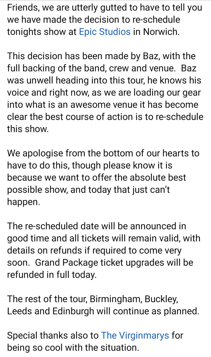 Genuinely gutted we have had to pull this show. Thank you for @EPICNorwich for understanding the situation. We WILL see you soon!