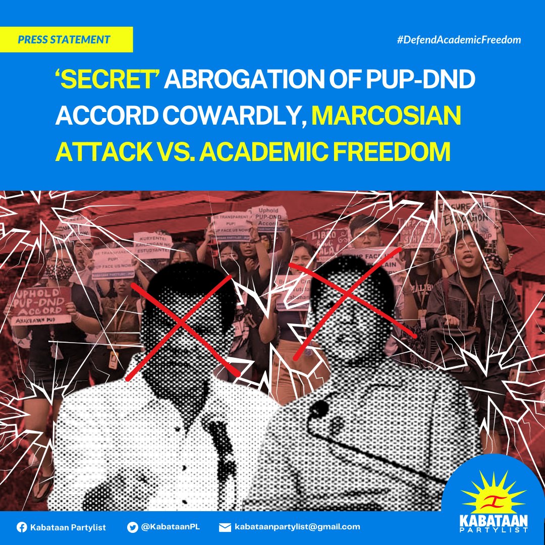 KabataanPL's tweet photo. ‘Secret’ abrogation of PUP-DND Accord cowardly, marcosian attack vs. academic freedom

Kabataan Partylist condemns the unilateral abrogation of the PUP-DND Accord by then DND Chief Delfin Lorenzana under the Duterte administration. 

#DefendAcademicFreedom https://t.co/wt369DmDOY