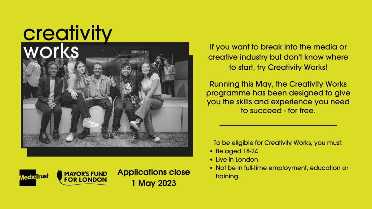 Media_Trust's tweet photo. Apply now for @mayorsfund's #CreativityWorks! This free multimedia and employability skills training programme for young Londoners explores: 
 
📺 TV production 
👾 Gaming 
📖 Storytelling 
📱 Social media 
📷 Photography 
 
Apply by Monday 1 May 👇🏾 
https://t.co/luKlGCSOAr https://t.co/UUxHcoAKxo