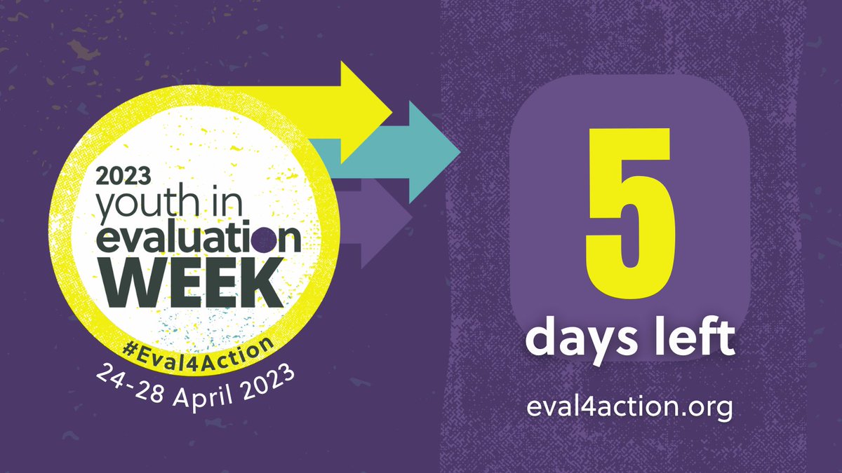 5⃣ days left until Youth in Evaluation Week!  

See what’s in store: 
✔️Launch of 6 standards for engaging  youth in #evaluation
✔️ 8 career development trainings for young evaluators
✔️50 events in multiple languages & more!

Full program: eval4action.org/youthinevalweek

#Eval4Action