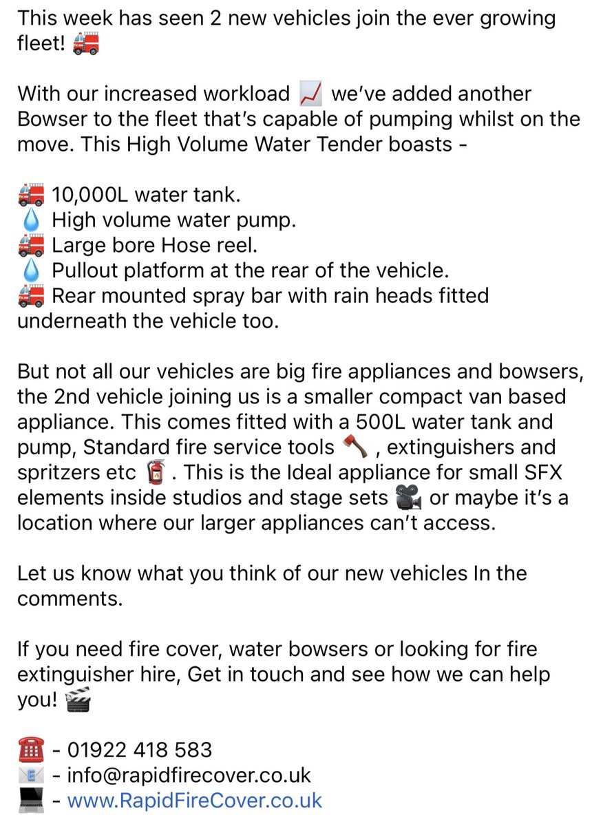 RapidFireCover's tweet photo. New vehicles 🚒 

#weareRapidFire🔥🚒 #WaterBowser  #FilmMaking 🎬 #FireCover #WaterTanker #WetDown #RainFx #TvFireSafety #ActionVehicle #Firefighter #FireBrigade #FireRescue #FireEngine #FireSafety #Safety #SFX #SpecialEffects #Filming #EventFireCover #EventSafety #FestivalFire https://t.co/U3Bdt5ulhO