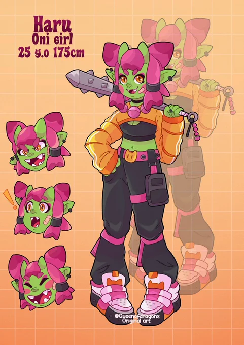 Hi! Let me introduce you to Haru, an Oni girl who is the guitarist of a underground rock band but also works on a restaurant to make a living.She's one of my new characters for a personal project I'm working on!I'll reveal more soon  