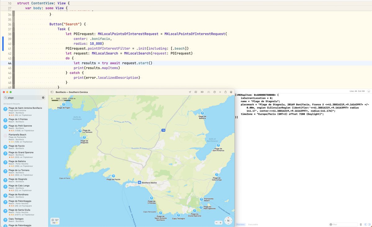 alpennec's tweet image. Using MKLocalPointsOfInterestRequest in #MapKit on #iOS, is there a way to get the same results than a search in Apple Maps?

For example, my request for beaches near Bonifacio with a 10km radius provides me *one* MKMapItem 😫. Apple Maps shows 29 results… 🤩