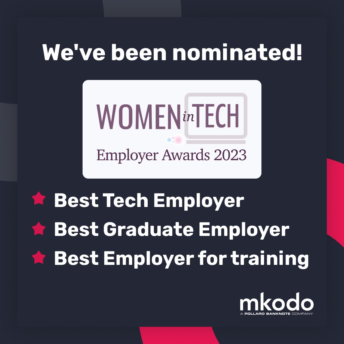 Diversity is so important to us at <a href="/mkodo/">mkodo</a> and this year we're proud to have been recognised for our efforts to help close the gender gap in tech by the <a href="/WITEawards/">Women in Tech Employer Awards 2026</a>! 
 
🏆 Best Tech Employer
🏆 Best Graduate Employer
🏆 Best Employer for Training

#womenintech #igaming #mkodo