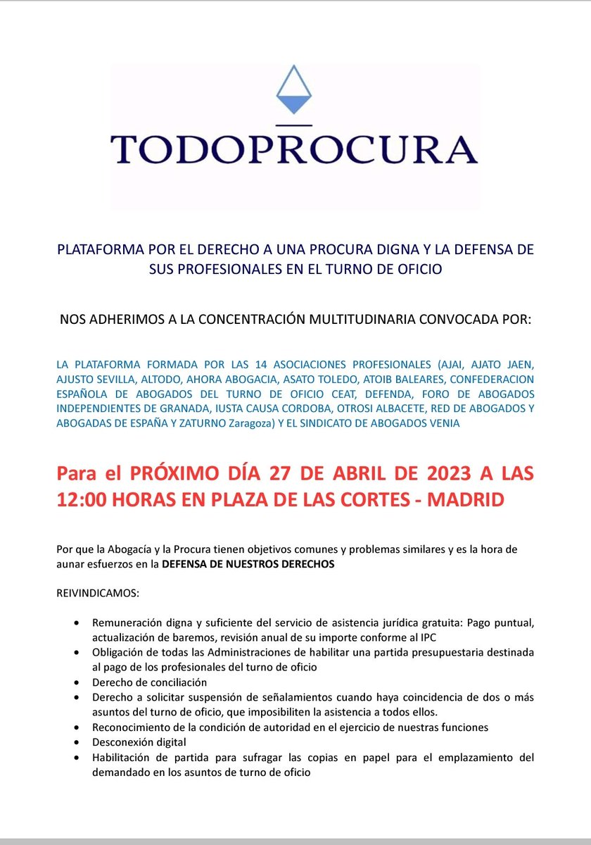 ¡La procuraduría se adhiere!
¡Bienvenidos!
#Concentración27Abril
#EsNuestroTurno
#AbogacíaUnida
#TodoProcura
#NingunaActuaciónSinRetribución
#ProcuraYAbogaciaVanDeLaMano
<a href="/AbogaciayTurno/">Plataforma Abogacia y Turno Oficio</a> 
#NosVemosEnMadrid
<a href="/justiciagob/">Ministerio de la Presidencia, Justicia y R. Cortes</a> <a href="/Abogacia_es/">Abogacía Española</a> <a href="/ProcuradoresE/">Procuradores-España</a>