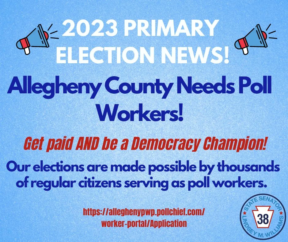 The Primary Election is on Tuesday May 16, and the Allegheny County Elections Division is looking for poll workers. Be an Election Hero 💪 and play a vital role in the democratic process. Click here to learn more! 🗳️ 
buff.ly/3t0IrkU