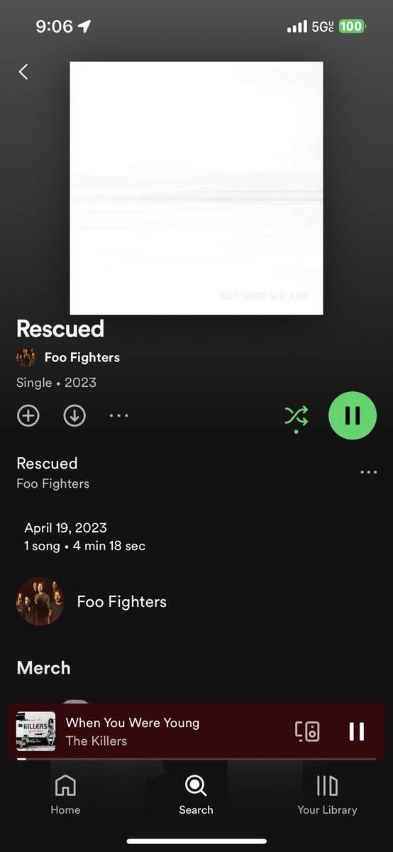 morgan_preiss's tweet photo. @SpotifyCares as much as I appreciate The Killers can you let me know why when I go to play the @foofighters new song “Rescued” Spotify plays when we were young instead ?? See photo for reference. Pls fix asap!!! https://t.co/2XuBNoRNAa