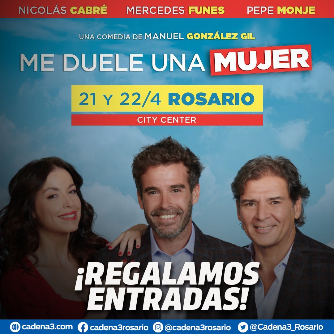 Cadena3_Rosario's tweet photo. ¡REGALAMOS 5 PARES DE ENTRADAS! 🎫
¡Viene a la ciudad la obra éxito en Buenos Aires! "Me duele una mujer" protagonizada por Nicolás Cabré, Mercedes Funes y Pepe Monje.
¡ES FÁCIL! 👇
- Seguinos
- Dale RT
- Menciona con quien irías y que nos siga

REGALAMOS 20/4 EN SIEMPRE JUNTOS. https://t.co/tLdQb5Ols8