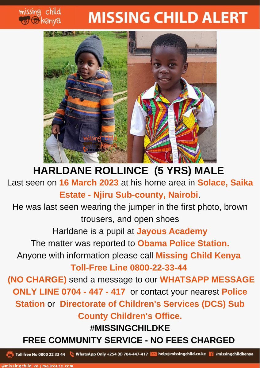 a3Route's tweet photo. 16:10 MISSING CHILD ALERT SAIKA ESTATE NJIRU. Harldane Rollince (5 yrs) was last seen on 16/3/2023. Please share alert to help reunite him with family. Thanks.  https://t.co/B4IeU1fIoL via @missingchild_ke