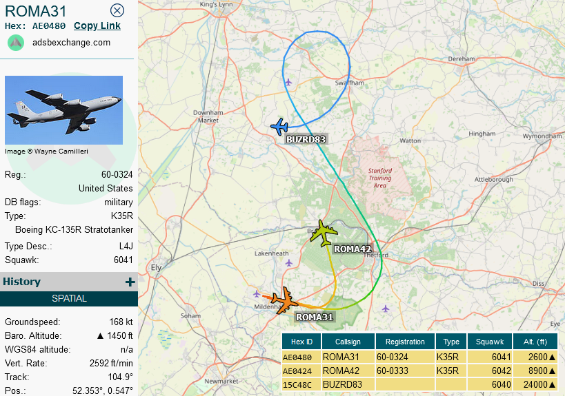SirListenalot's tweet photo. #KC135's #AE0480 as #ROMA31 on a round trip out of Mildenhall, #AE0424 as #ROMA42 (to Pease) with four "AV" #F16's as #TREND81 (to McGuire?)
Miscoded F16 [15C48C] shows as #BUZRD83 https://t.co/PZI5EFzQHa
