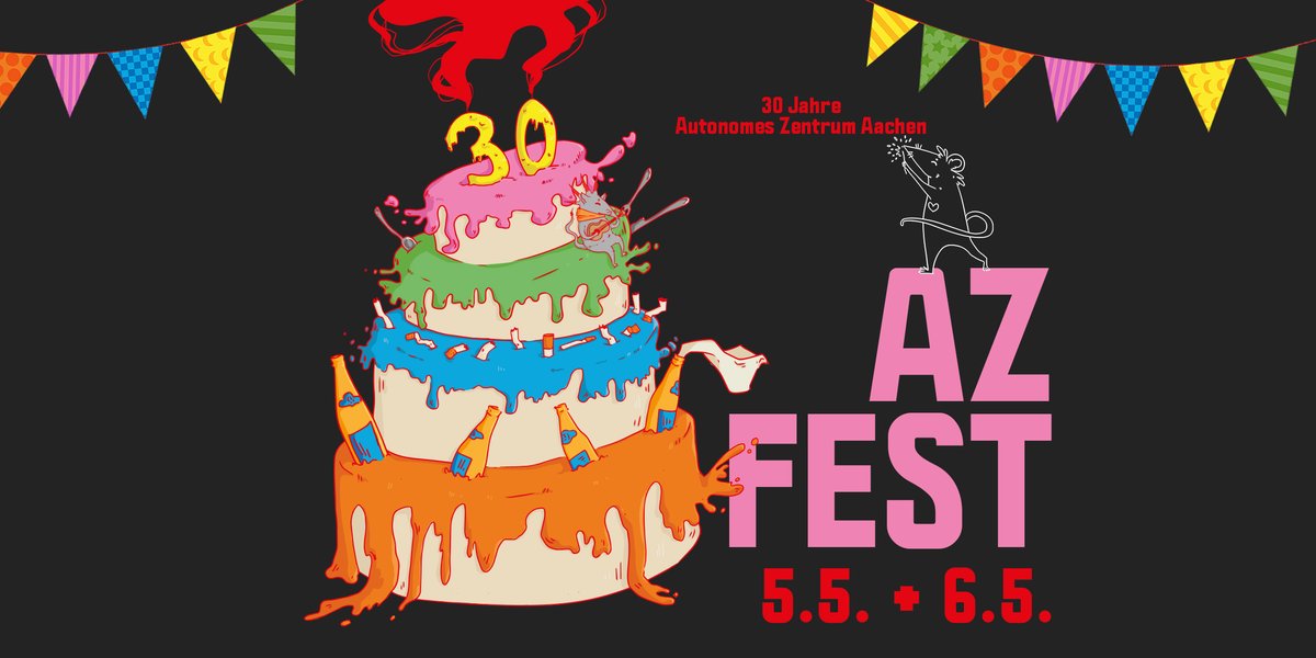AzAachen's tweet photo. 30 JAHRE AZ AACHEN - WIR FEIERN BEIM #AZFEST

Am 5. &amp; 6. Mai 2023 von Freitagmittag bis Sonntagfrüh.

Konzerte, Party, Ausstellung, Vorträge, Lesung, Merch, Food, Kicker und vieles mehr.

Das komplette Programm findet ihr hier:
https://t.co/3D8lLlcNyM
#azaachen #aachen #azbleibt https://t.co/gnjB60JRjJ