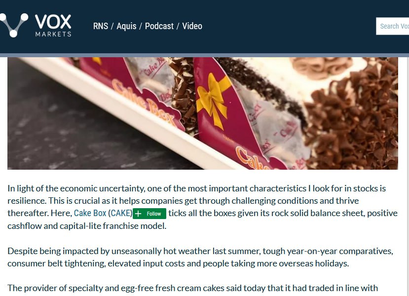 TitchyTrader's tweet photo. @VOXmarkets The @CapitalPmh on the Vox website has incorrectly attributed the ticker #CAKE instead of #CBOX https://t.co/6eijaCgFpR