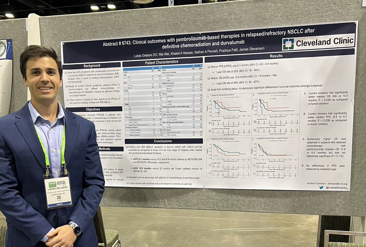 LukasDelasos's tweet photo. Swing by #AACR23 section 42 today and check out our study evaluating survival with pembro for recurrent NSCLC s/p adj durva!! @CleClinicMD @n8pennell @Pradnya_PatilMD https://t.co/zK6S5T92ku