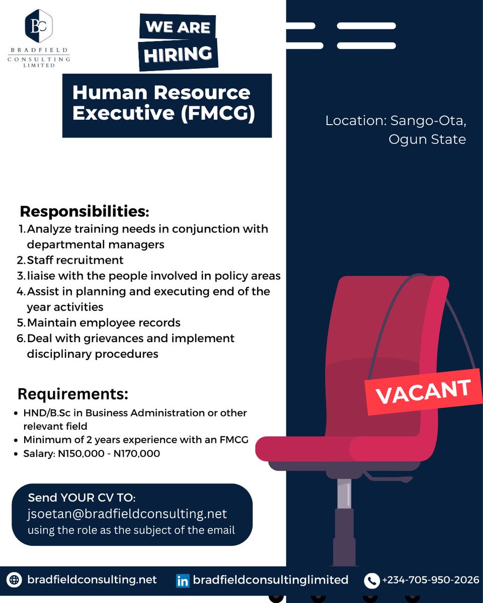 B_FConsulting's tweet photo. We are hiring!

Human Resource Executive (FMCG)

Please check our flyer for more details.

Send your Cv to jsoetan@bradfieldconsulting.net using the job role as the subject of the email.
—-

Gistlover | Sophia | Davido | Toyin Abraham | Simi https://t.co/cDTgy01pDN
