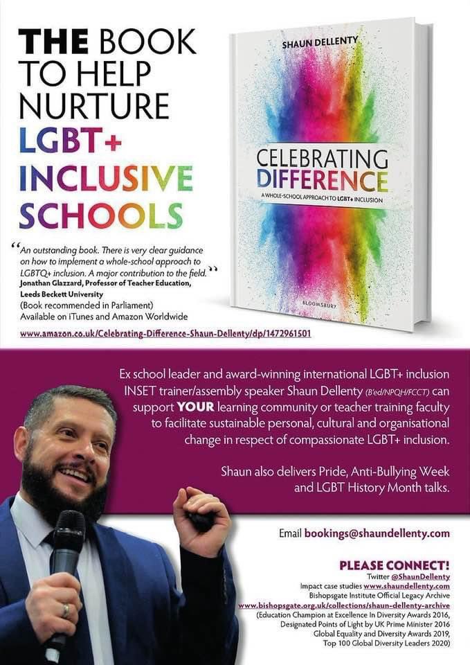 I deliver online & in person talks & training all year round on inclusive schools & businesses plus talks on my LGBT+ life & professional journey & my 15 years of global LGBT+ advocacy #LGBT #UKEdChat #education #edutwitter #Diversity #speakers bookings@shaundellenty.com