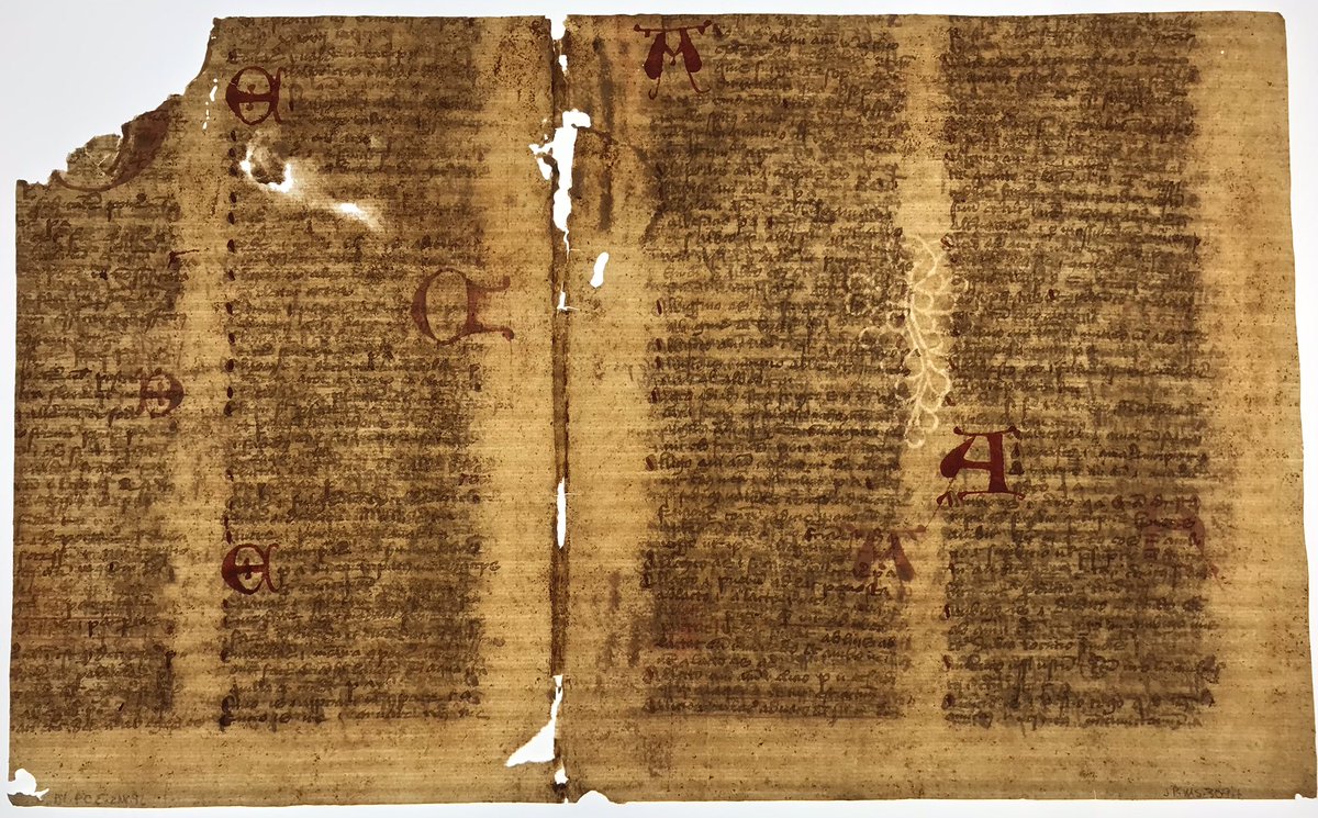 Lovely clear watermark evidence on this bifolium from an as-yet unidentified medieval dictionary. Watermark = Briquet 12995, MS likely produced in Bavaria, ca.1440-50. 16 bifolia in total, each w/ this mark; once recycled as pasteboard book covers. #Fragmentology #manuscripts