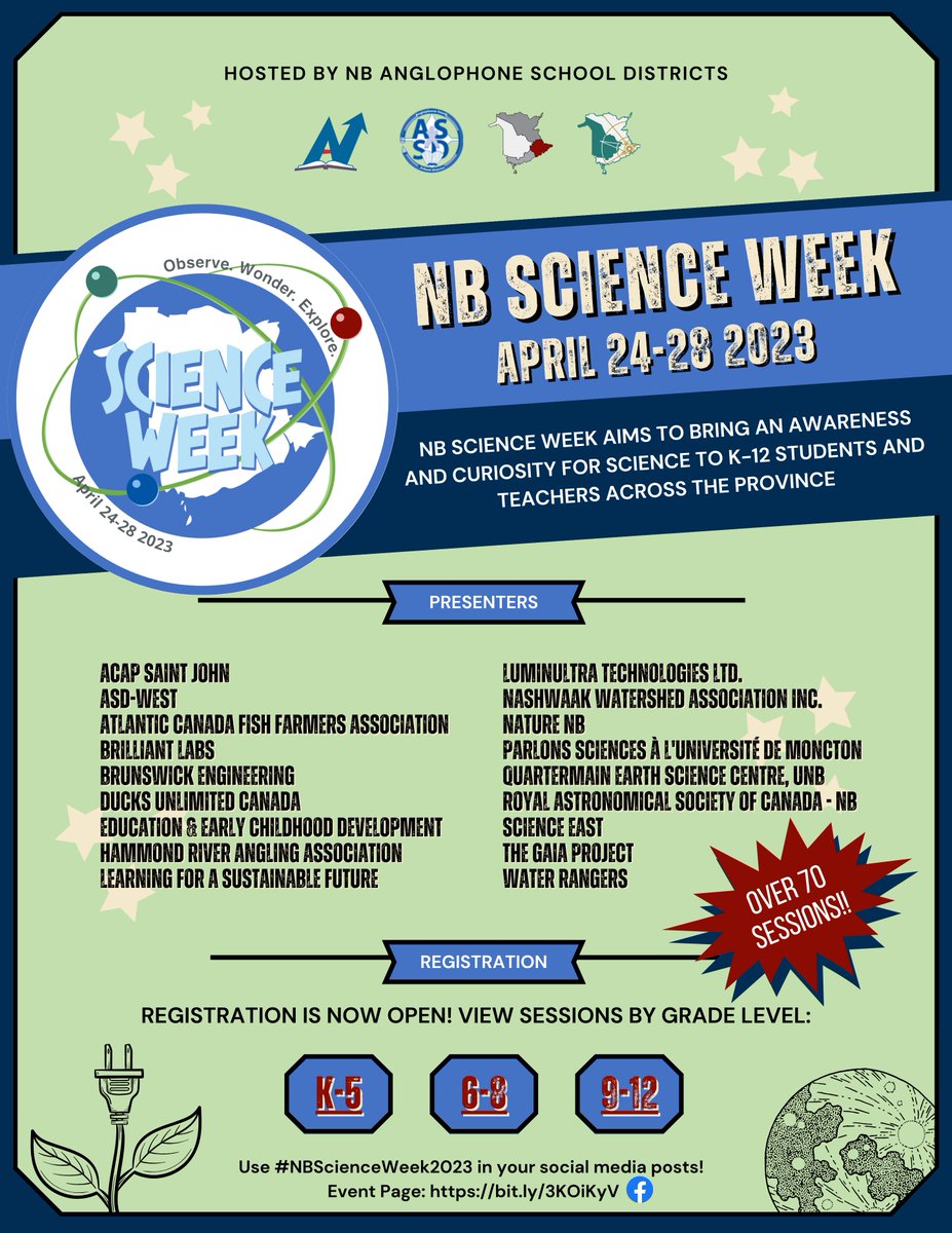 Registration is now open for #NBScienceWeek2023 ! With over 70 sessions from partners and organizations across NB, this event promises to be engaging and inspiring! Sign your class up today! bit.ly/40q2sC2